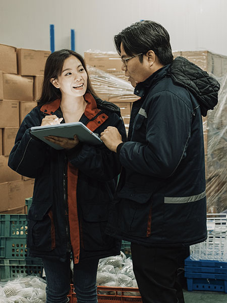 Employees are working in cold storage