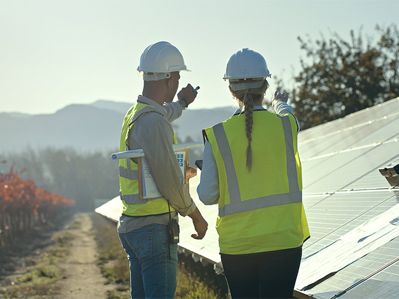 Solar panel, team and farm inspection on renewable energy panels for engineering and sustainable electricity. Solar panels, project and teamwork for installation of clean energy on agriculture land